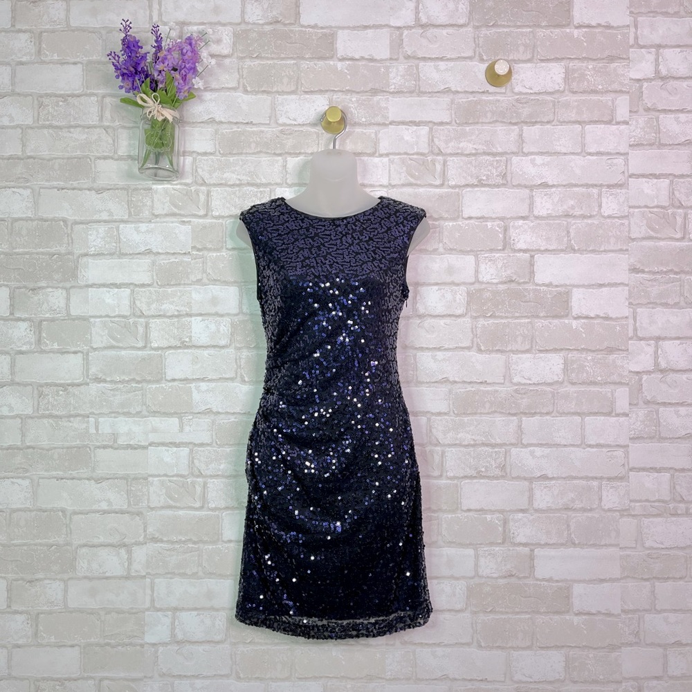 Caché Purple Sequin Fitted Black Dress